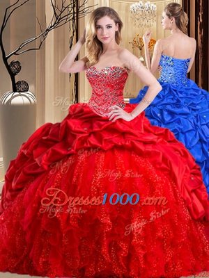 Cute Red Lace Up Sweetheart Beading and Ruffles Sweet 16 Dresses Taffeta and Tulle Sleeveless Brush Train