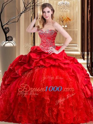 Cute Red Lace Up Sweetheart Beading and Ruffles Sweet 16 Dresses Taffeta and Tulle Sleeveless Brush Train