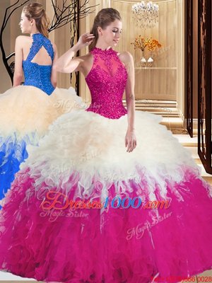 Multi-color Backless High-neck Lace and Appliques and Ruffles Quinceanera Gown Tulle Sleeveless