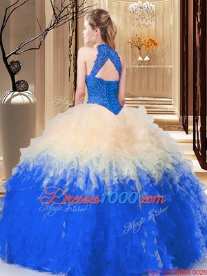 Multi-color Backless High-neck Lace and Appliques and Ruffles Quinceanera Gown Tulle Sleeveless