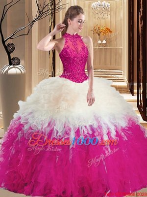 Multi-color Backless High-neck Lace and Appliques and Ruffles Quinceanera Gown Tulle Sleeveless