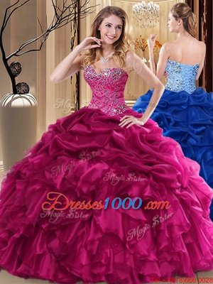 Nice Fuchsia Sweetheart Lace Up Beading and Pick Ups Ball Gown Prom Dress Sleeveless