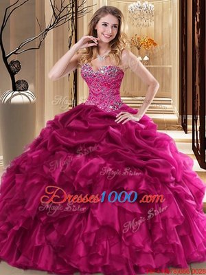 Nice Fuchsia Sweetheart Lace Up Beading and Pick Ups Ball Gown Prom Dress Sleeveless