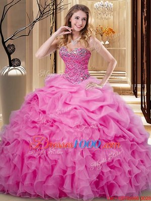 Pick Ups Ball Gowns 15th Birthday Dress Rose Pink Sweetheart Organza Sleeveless Floor Length Lace Up