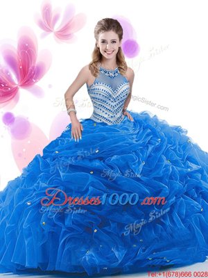 Customized Sleeveless Organza Quince Ball Gowns Ruffles Court Train Zipper