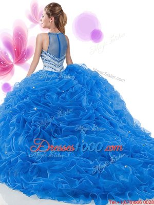 Customized Sleeveless Organza Quince Ball Gowns Ruffles Court Train Zipper