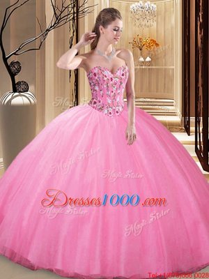 Rose Pink Tulle Lace Up Quinceanera Gowns Sleeveless Floor Length Embroidery