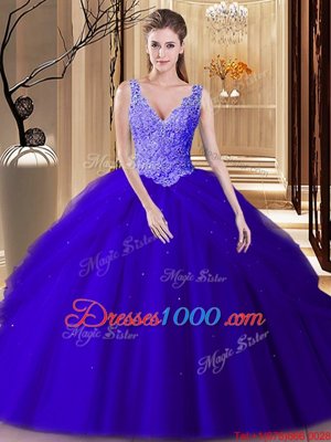 Super Sleeveless Tulle Floor Length Backless Vestidos de Quinceanera in Royal Blue for with Lace and Appliques and Pick Ups