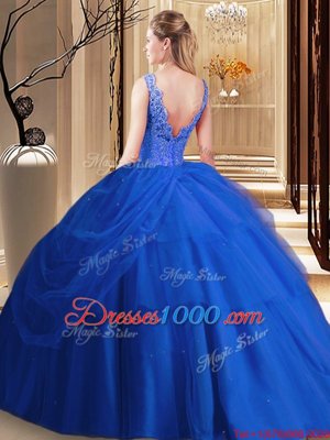 Super Sleeveless Tulle Floor Length Backless Vestidos de Quinceanera in Royal Blue for with Lace and Appliques and Pick Ups