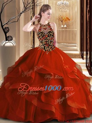 Simple Rust Red Tulle Backless Scoop Sleeveless Quince Ball Gowns Brush Train Embroidery and Ruffles