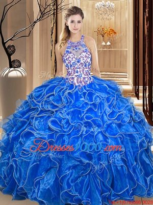 Dazzling Royal Blue Ball Gowns Scoop Sleeveless Organza Floor Length Backless Embroidery and Ruffles Sweet 16 Quinceanera Dress