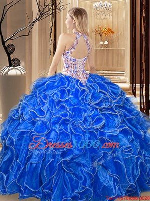 Dazzling Royal Blue Ball Gowns Scoop Sleeveless Organza Floor Length Backless Embroidery and Ruffles Sweet 16 Quinceanera Dress