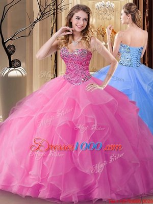 Sweetheart Sleeveless Lace Up Sweet 16 Dress Rose Pink Tulle