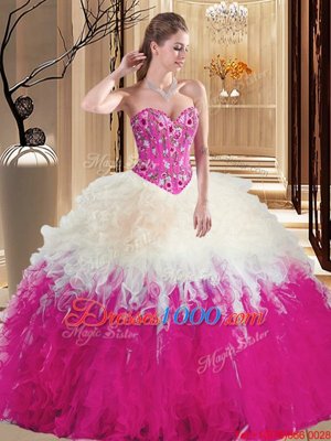 Elegant Multi-color Ball Gowns Sleeveless Tulle Floor Length Lace Up Embroidery and Ruffles Quince Ball Gowns