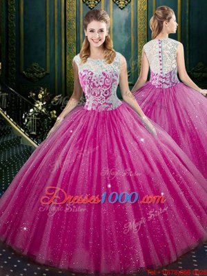 Discount Fuchsia Ball Gowns Tulle High-neck Sleeveless Lace Floor Length Zipper Quinceanera Gowns