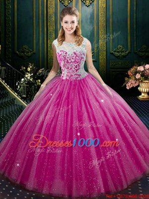 Discount Fuchsia Ball Gowns Tulle High-neck Sleeveless Lace Floor Length Zipper Quinceanera Gowns