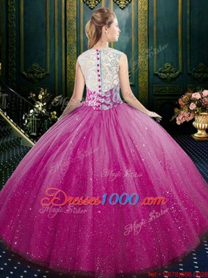 Discount Fuchsia Ball Gowns Tulle High-neck Sleeveless Lace Floor Length Zipper Quinceanera Gowns