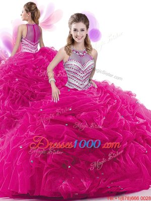 Fuchsia Ball Gowns High-neck Sleeveless Taffeta Court Train Zipper Ruffles and Pick Ups Quince Ball Gowns