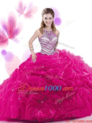 Fuchsia Ball Gowns High-neck Sleeveless Taffeta Court Train Zipper Ruffles and Pick Ups Quince Ball Gowns