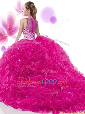 Fuchsia Ball Gowns High-neck Sleeveless Taffeta Court Train Zipper Ruffles and Pick Ups Quince Ball Gowns