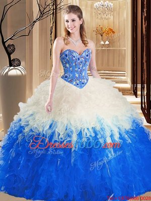 Tulle Sweetheart Sleeveless Lace Up Embroidery and Ruffles 15th Birthday Dress in Blue And White