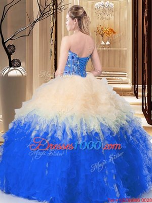 Tulle Sweetheart Sleeveless Lace Up Embroidery and Ruffles 15th Birthday Dress in Blue And White