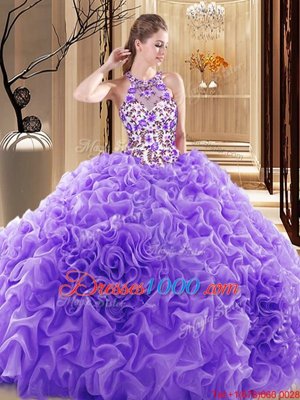 Great Sleeveless Brush Train Backless Embroidery and Ruffles 15 Quinceanera Dress