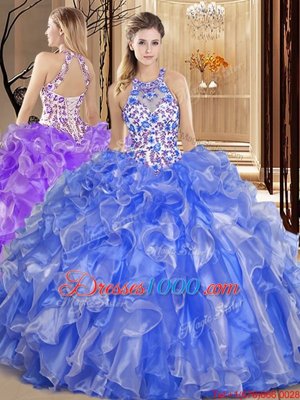 New Style Blue Scoop Backless Embroidery and Ruffles Quinceanera Gowns Sleeveless