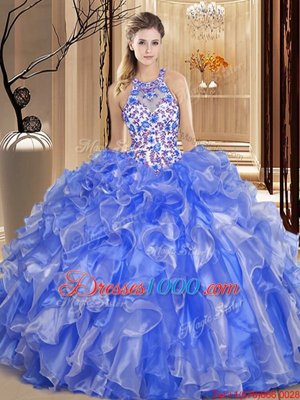 New Style Blue Scoop Backless Embroidery and Ruffles Quinceanera Gowns Sleeveless