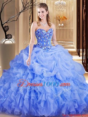Sweetheart Sleeveless Organza 15 Quinceanera Dress Embroidery and Ruffles and Pick Ups Brush Train Lace Up