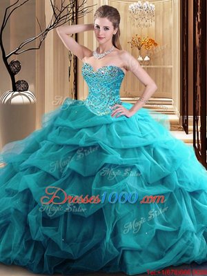 Teal Sleeveless Tulle Zipper Quinceanera Gown for Military Ball and Sweet 16 and Quinceanera