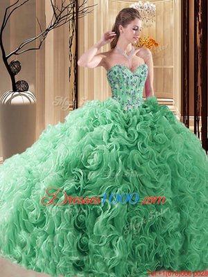 Sophisticated Turquoise Sleeveless Fabric With Rolling Flowers Court Train Lace Up Ball Gown Prom Dress for Prom and Military Ball and Sweet 16 and Quinceanera
