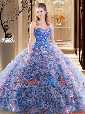Glittering Fabric With Rolling Flowers Sleeveless With Train 15th Birthday Dress Brush Train and Embroidery and Ruffles