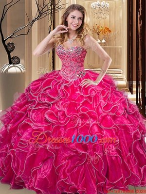 Hot Pink Organza Lace Up Sweetheart Sleeveless Floor Length Quinceanera Gown Beading and Ruffles