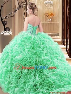 Sweetheart Sleeveless Fabric With Rolling Flowers Ball Gown Prom Dress Embroidery and Ruffles and Pick Ups Lace Up