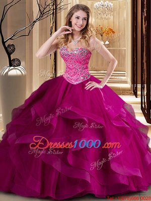 Sweet Sleeveless Tulle Floor Length Lace Up Ball Gown Prom Dress in Fuchsia for with Beading and Ruffles