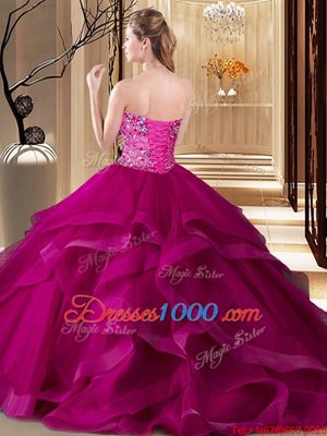 Sweet Sleeveless Tulle Floor Length Lace Up Ball Gown Prom Dress in Fuchsia for with Beading and Ruffles