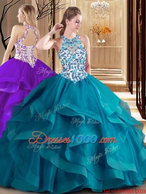 Simple Scoop Teal Sleeveless Brush Train Embroidery and Ruffles Quinceanera Gown