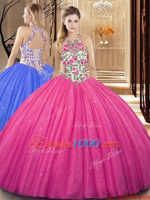 Scoop Sequins Hot Pink Sleeveless Tulle Backless Quinceanera Gowns for Military Ball and Sweet 16 and Quinceanera