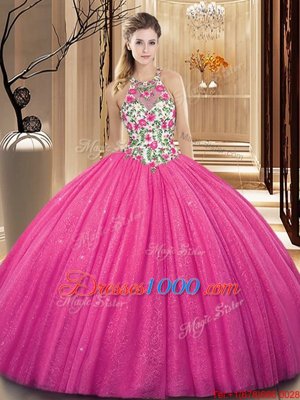 Scoop Sequins Hot Pink Sleeveless Tulle Backless Quinceanera Gowns for Military Ball and Sweet 16 and Quinceanera