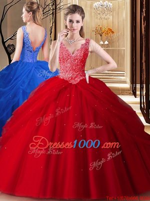 Lace and Appliques and Pick Ups Vestidos de Quinceanera Red Backless Sleeveless Floor Length