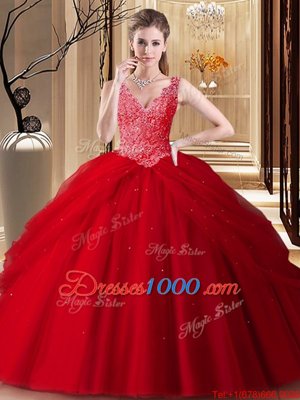 Lace and Appliques and Pick Ups Vestidos de Quinceanera Red Backless Sleeveless Floor Length