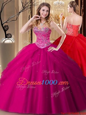 Fuchsia Sleeveless Floor Length Beading Lace Up Sweet 16 Dresses