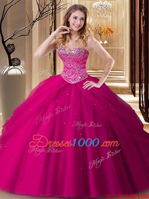 Fuchsia Sleeveless Floor Length Beading Lace Up Sweet 16 Dresses