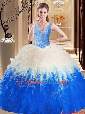 Beauteous Lace and Appliques and Ruffles 15th Birthday Dress Blue And White Zipper Sleeveless Floor Length