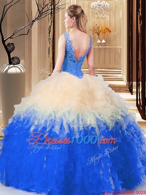 Beauteous Lace and Appliques and Ruffles 15th Birthday Dress Blue And White Zipper Sleeveless Floor Length