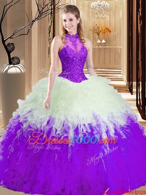 Traditional White And Purple Sleeveless Tulle Lace Up Quinceanera Dress for Military Ball and Sweet 16 and Quinceanera