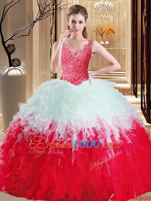 Lace and Appliques and Ruffles Quinceanera Dress White And Red Zipper Sleeveless Floor Length