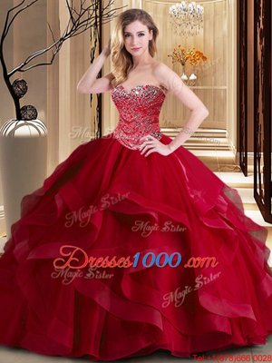 Glamorous Wine Red Sleeveless Beading and Ruffles Floor Length Quinceanera Dress