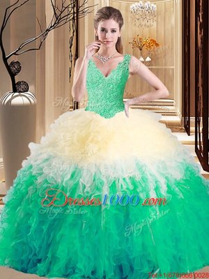 Sleeveless Floor Length Lace and Appliques and Ruffles Zipper Sweet 16 Dress with Multi-color